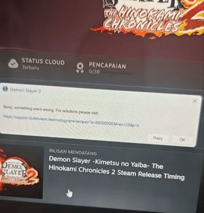 Contoh pesan error Denuvo “Sorry, something went wrong” saat membuka game di Steam
