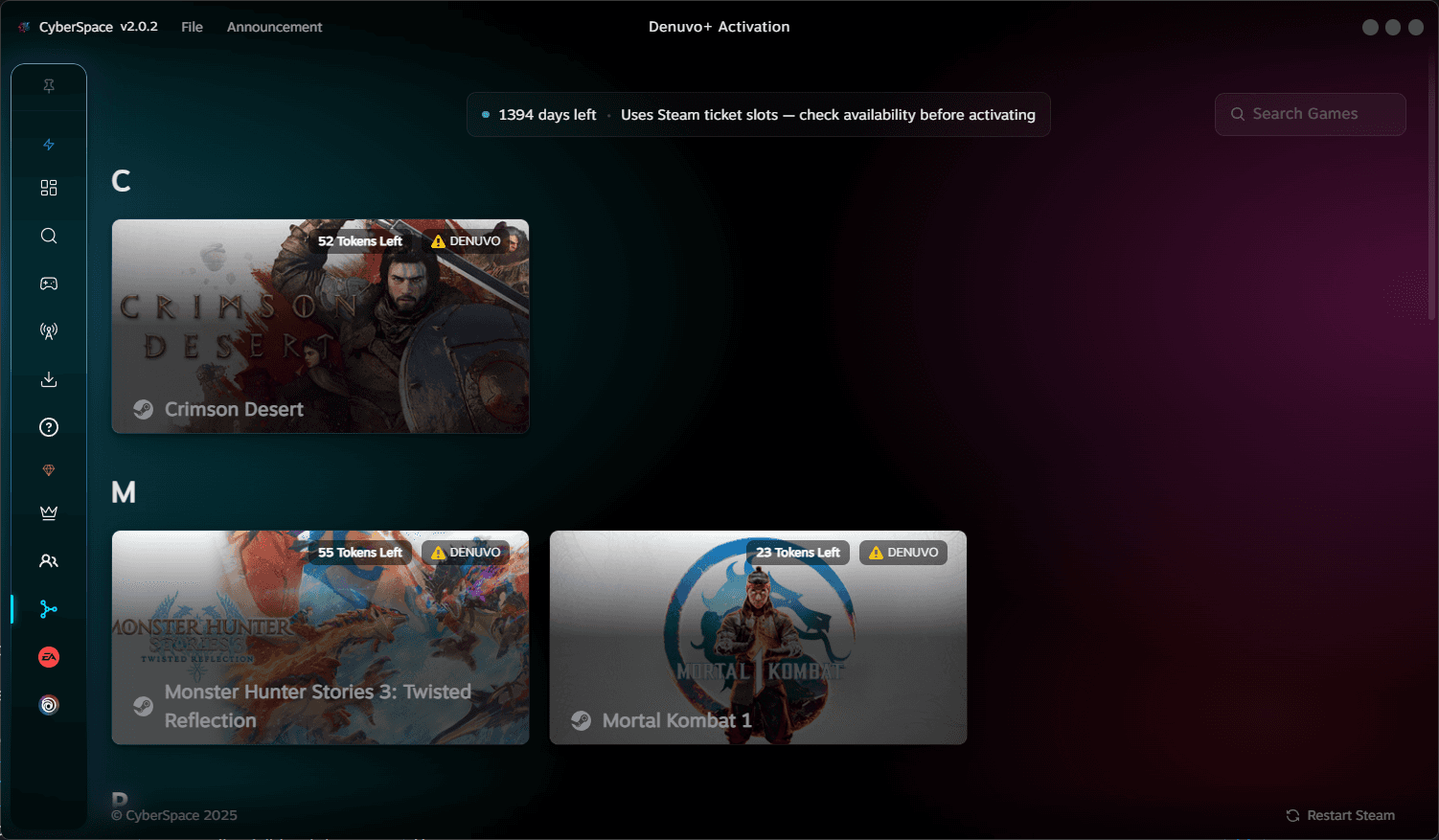 Halaman Denuvo+ Activation di aplikasi CyberSpace